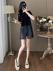 设计感小众时尚气质套装女夏新款圆领网纱拼接上衣牛仔短裤两件套，女装套装/套裙，江南