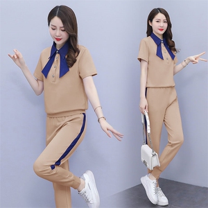 2023新款韩版时尚休闲两件套女 紫色短袖上衣+长裤套装 显瘦百搭运动风图片