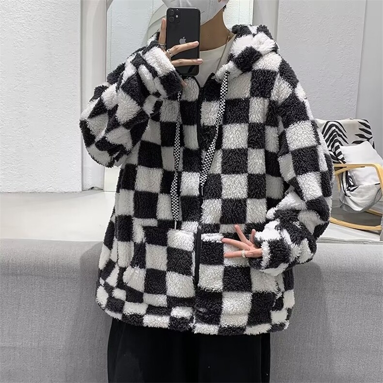 冬季宽松休闲百搭棉袄棋盘格羊羔绒连帽棉衣外套棉服W5891-P52,男装棉衣,星座512-2