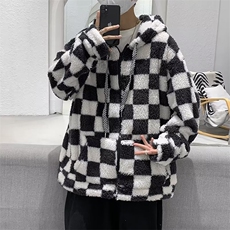 冬季宽松休闲百搭棉袄棋盘格羊羔绒连帽棉衣外套棉服W5891-P52，男装棉衣，星座512-2
