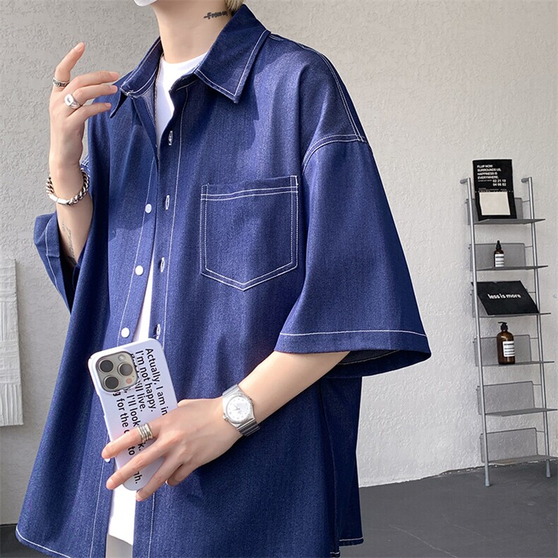 8XL-M 冰丝牛仔短袖衬衫男款夏季薄款宽松慵懒衬衣外套DC28006P60图片