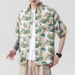 2021夏季新日系大码男无影墙沙滩情侣休闲短袖印花衬衫C3037-P35图片