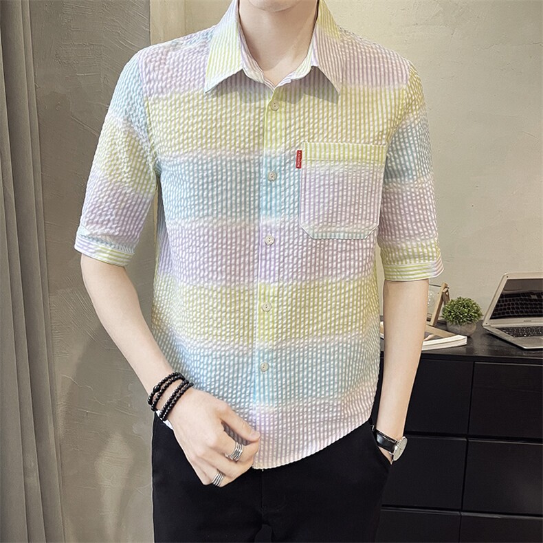 2023夏季新品时尚个性彩虹男士衬衣半袖潮流衬衫男C06-P50，男装衬衫，电商B248