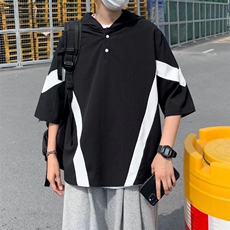 拼色连帽短袖T恤男日系潮牌宽松简约百搭五分袖上衣T1411-P33，男装T恤，星座512-2