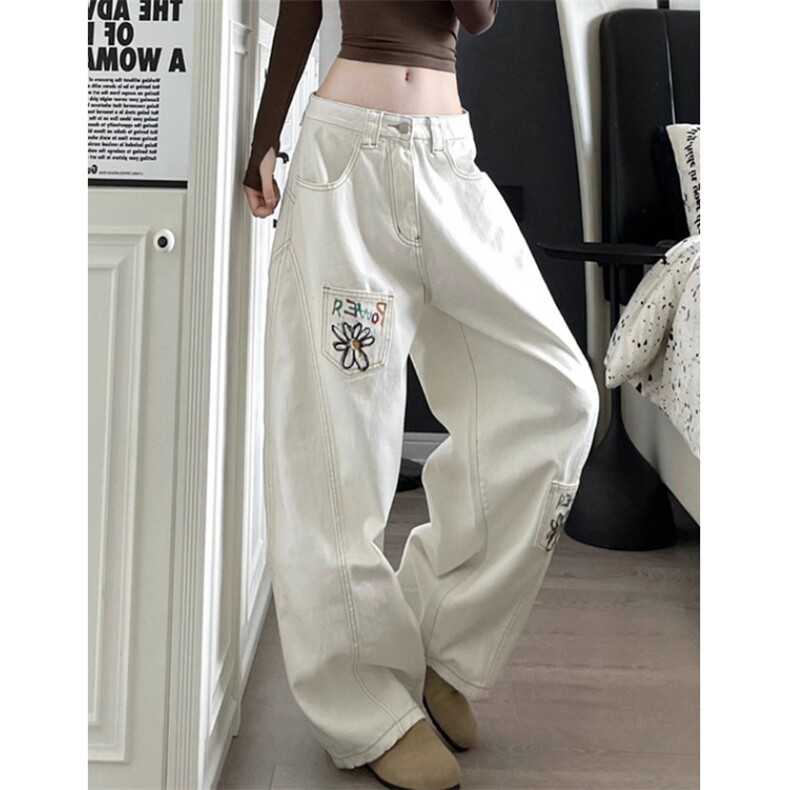 白色高腰弯刀牛仔裤女夏季高街设计感宽松显瘦阔腿裤N2519，男装牛仔裤，星座1116A（原606A-3）