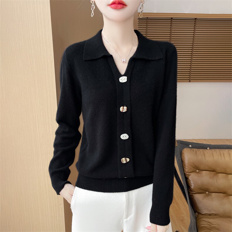 秋冬季羊毛微宽松版型POLO领羊毛衫女针织衫毛衣打底衫，女装羊毛衫，秋双羊绒