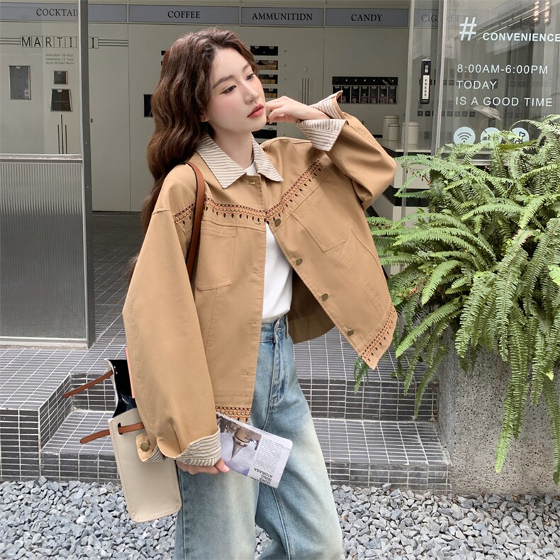 高级小众民族风设计驼色短外套女2025春秋超火好看休闲工装夹克图片
