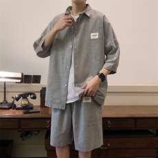 2026夏小清新条纹衬衫五分裤棉质宽松运动套装TZ8090/P65黑色，男装休闲套装，电商A094