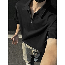 痞帅潮流半拉链短袖t恤男款夏季美式翻领宽松polo衫内搭打底上衣，男装T恤，电商A486-1