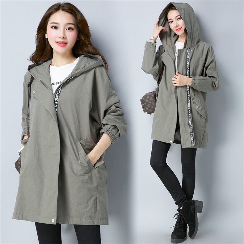 长袖中长款直筒2024年秋季拉链连帽时尚百搭纯色风衣，女装风衣，江忆布依