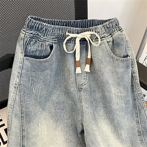 秋男牛仔裤渐变色猫须直筒宽松拼接褶皱长裤NK014 P55图片
