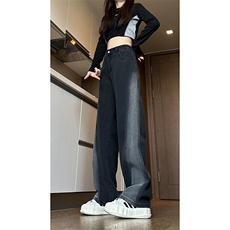 现货黑紫色拼接宽松阔腿直筒撞色休闲牛仔裤男女K5820-P50控78，男装牛仔裤，星座205