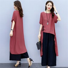 2021夏季新款简约优雅时尚气质圆领显瘦休闲舒适两件套，女装套装/套裙，香香