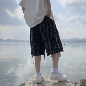 ins欧美高街暗黑扎染印花毛边牛仔短裤直筒休闲五分裤男DK011-P40图片