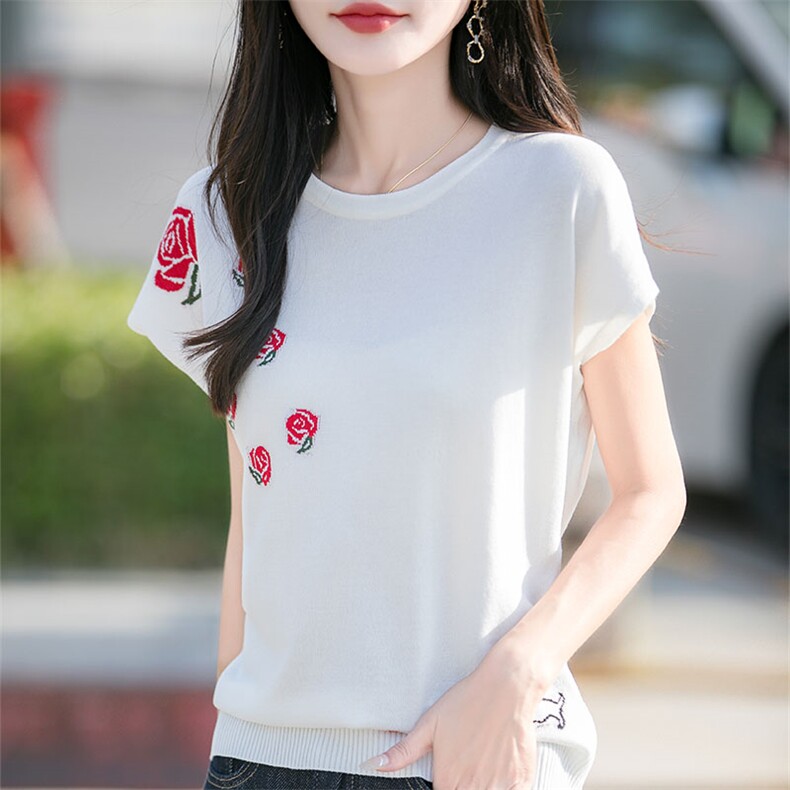 2025夏季新款圆领玫瑰提花短袖女莱塞尔天丝宽松洋气百搭薄款针织,针织衫/毛衣,萱芳婷羊绒