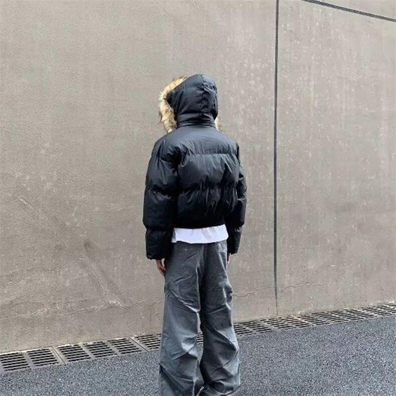 现货三防重磅硬挺boxy短款羽绒棉衣座山雕大毛毛领PU皮棉服外套冬,男装棉衣,电商A486-1