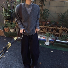 美式复古拼色毛边设计感假两件针织毛衣男女雅感情侣毛衫秋，男装针织衫/毛衣，四季星座505