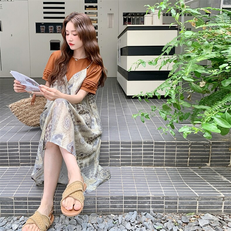 韩版印花拼接假两件连衣裙女2025夏季新款时尚独特显瘦小众长裙子,女装连衣裙,2C198