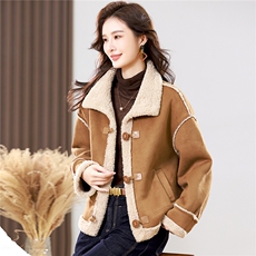 2025冬季时尚简约大方气质优雅显瘦休闲百搭潮流皮毛一体外套，女装羊羔毛/颗粒绒，独衣靓