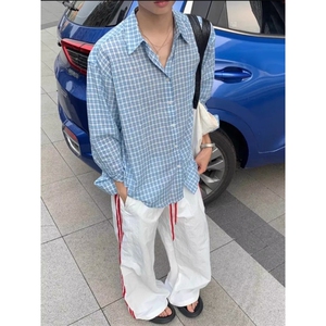 翻领格子双层棉纱长袖衬衫女秋季新款休闲宽松衬衣显瘦上衣图片