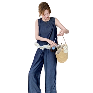 休闲无袖花边背心牛仔阔腿裤套装女2025夏季新款韩系高级感两件套图片