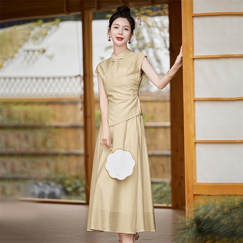 新中式国风套装女2025夏季新款高级感气质改良旗袍短袖长裙套装,女装套装/套裙,妙形