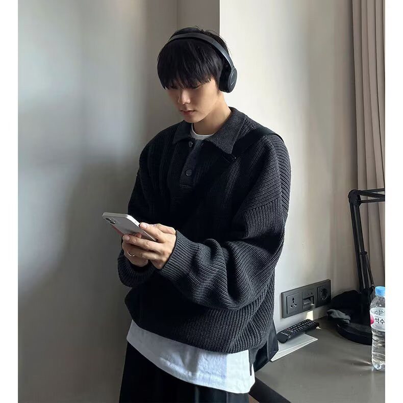 韩系Polo领毛衣男秋冬宽松翻领针织衫上衣高级感慵懒外套M34,男装针织衫/毛衣,星座1116A（原606A-3）