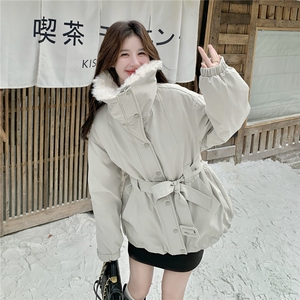 时尚中长款腰带收腰翻毛领羽绒服女冬季2025新款白鸭绒工装派克服图片