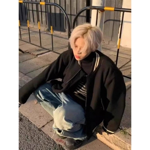 毛呢棒球服高品质美式复古休闲百搭短款显高秋冬外套男图片