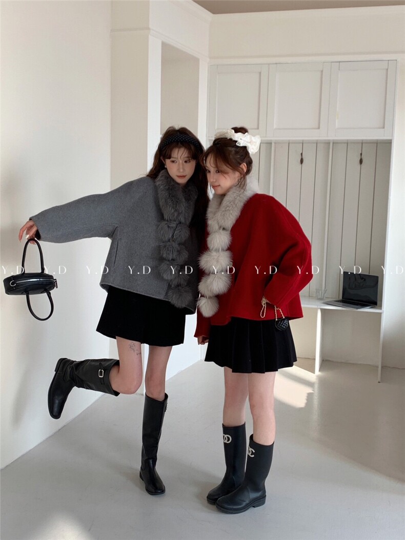 【依嘟】狐狸毛领红色小个子冬新款韩系百搭羊毛外套(配毛领狐狸，女装双面呢大衣，依嘟服饰