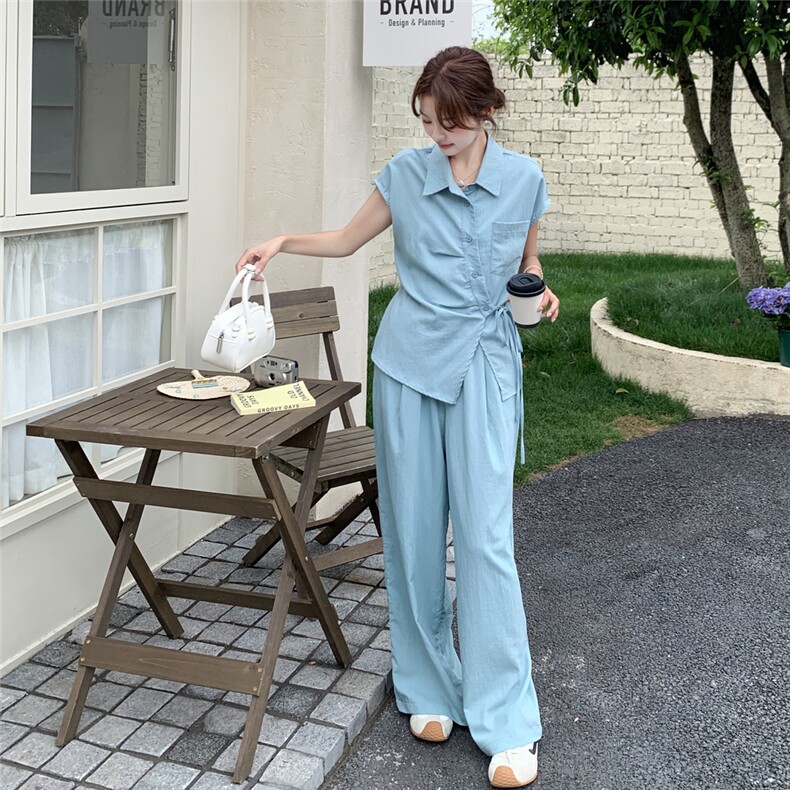 超好看ins风系带衬衫休闲阔腿裤套装女2025夏新款韩系气质两件套,女装套装/套裙,2C205