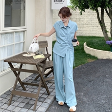 超好看ins风系带衬衫休闲阔腿裤套装女2025夏新款韩系气质两件套，女装套装/套裙，2C205