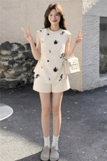 潮流时尚休闲套装女夏季新款宽松显瘦圆领无袖上衣阔腿短裤两件套，女装套装/套裙，江南
