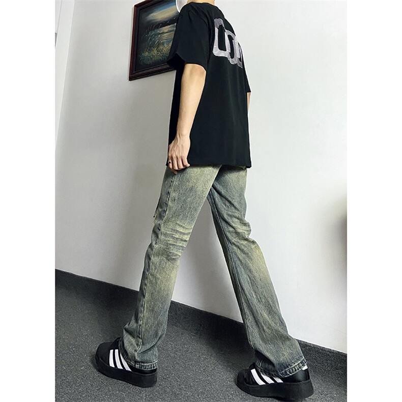 秋季美式ins高街hiphop重工艺水洗微喇复古蓝牛仔裤货号K2320P55图片