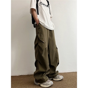 美式工装伞兵裤子男生春秋季褶皱拼接弯刀裤潮牌宽松直筒阔腿长裤图片
