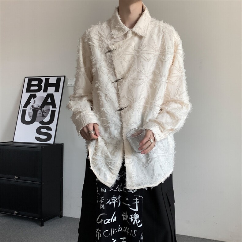 2025春装新中式潮流小众流苏毛边铁扣衬衫男宽松中山装民族服装,男装衬衫,星座909