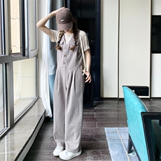 韩版灰色复古格纹背带裤女2025年春秋季新款设计感小众显瘦连体裤，女装连体裤，2C158