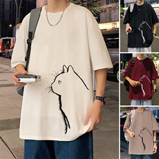 T702P26新品猫咪图案纯棉重磅T恤酒红色宽松日系美式港风，男装T恤，星座304A