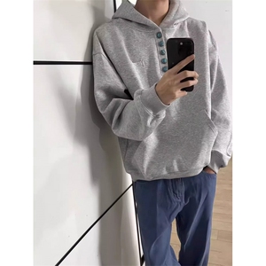 Sellscream绿松石纽扣美式覆古连帽口袋百搭宽松套头重磅卫衣YW05图片