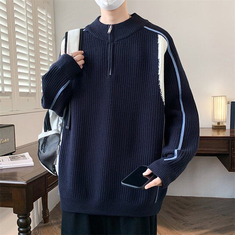25755-P75冬半高拉链领针织衫毛衣男撞色立领外套图片