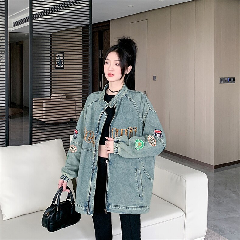 美式复古机车风牛仔外套女2025秋款刺绣重工夹克宽松潮 NZ064-88图片