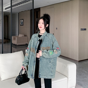 美式复古机车风牛仔外套女2025秋款刺绣重工夹克宽松潮 NZ064-88图片