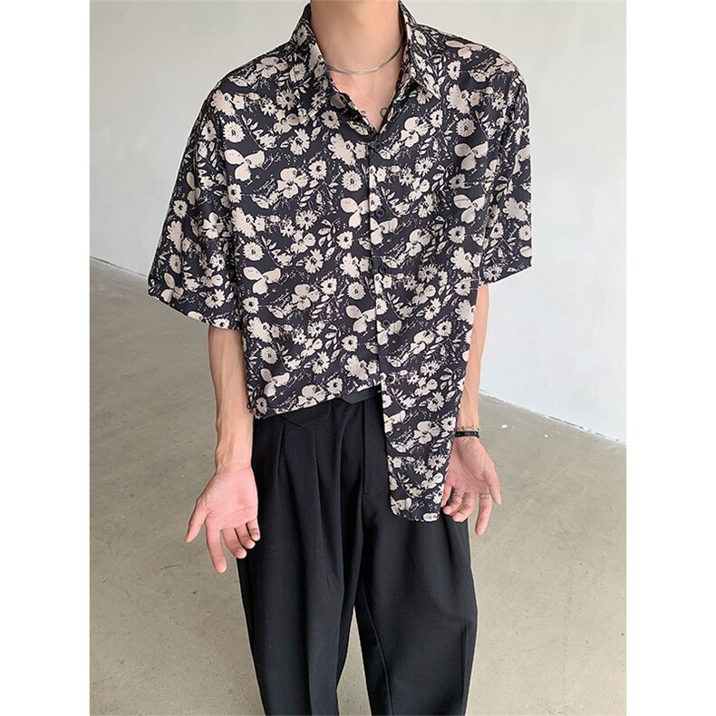 休闲短袖复古宽松碎花衬衫男设计感港味衬衣DX101-特P30限价48,男装衬衫,电商A178