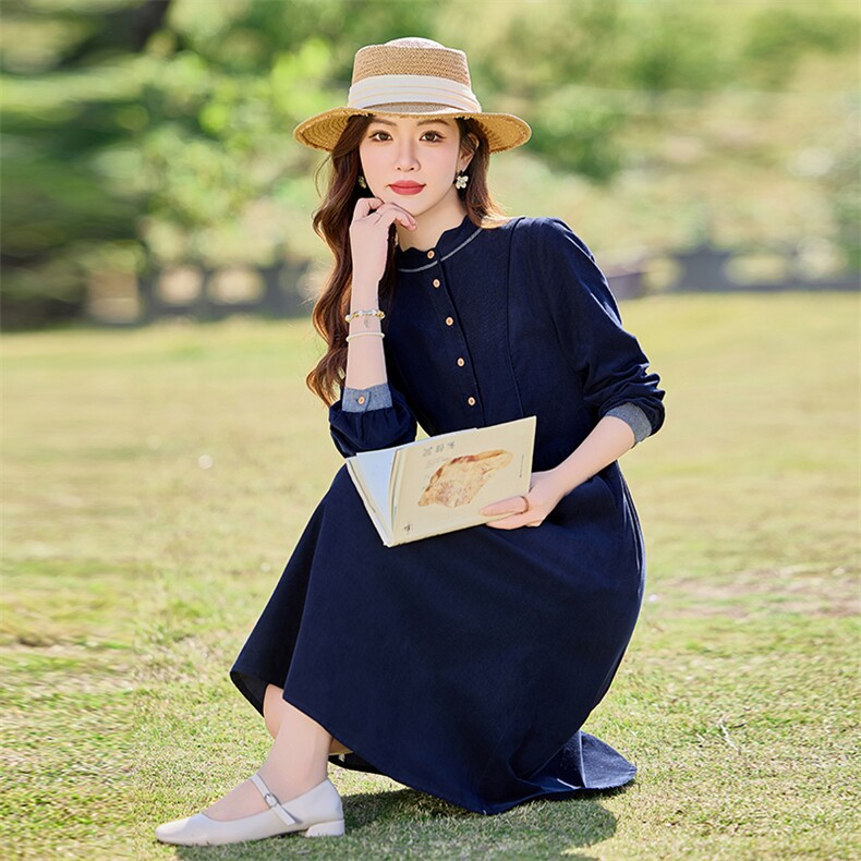 藏青色灯芯绒超火连衣裙女2025春秋新款气质名媛收腰显瘦休闲长裙,女装连衣裙,水衣源