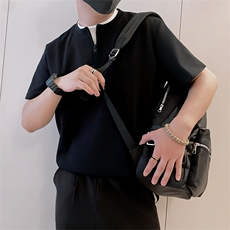 8972/P58控78夏季小伙假两件半拉链短袖T恤男轻奢老钱风上衣黑色1，男装T恤，星座305B