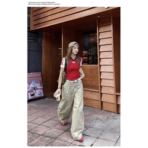 美式复古宽松弯刀工装裤男女高街休闲拖地阔腿印花cleanfit长裤图片