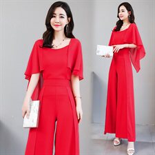 2021夏季时尚优雅舒适气质修身阔腿裤雪纺简约纯色两件套装，女装套装/套裙，艾仟回(原伊仟回)