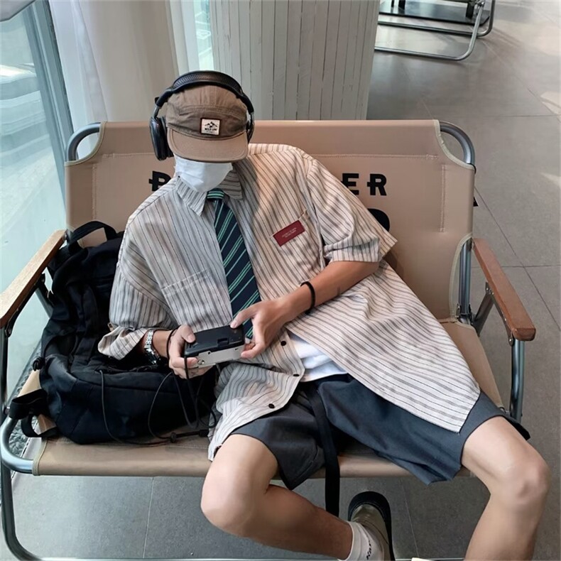 夏季美式复古日系潮流半袖设计感小众短袖条纹衬衫男女MC263-p33图片