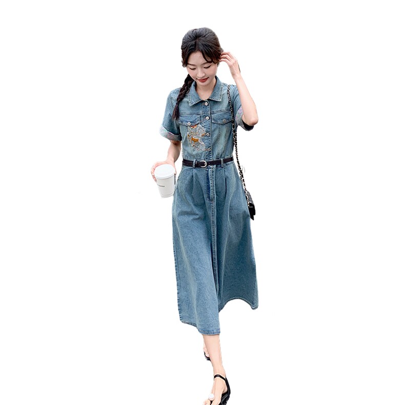 【上新现货】1C128-6673-风刺绣牛仔连衣裙P125-K178配腰带,女装连衣裙,2D148