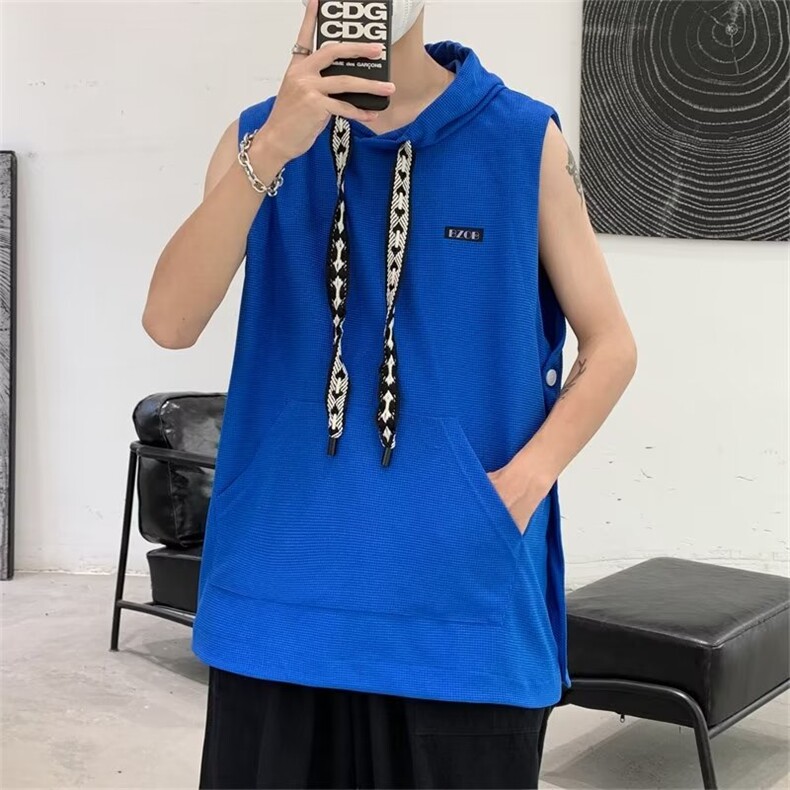 背心男潮流侧排扣宽松运动坎肩青少年高街连帽无袖t恤衫BX36P35，男装背心/马甲，星座410-2